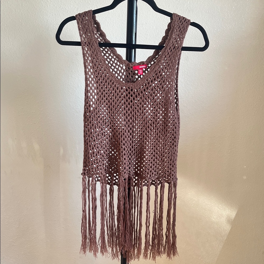 BONGO Brown Open Crochet Fringe Tank